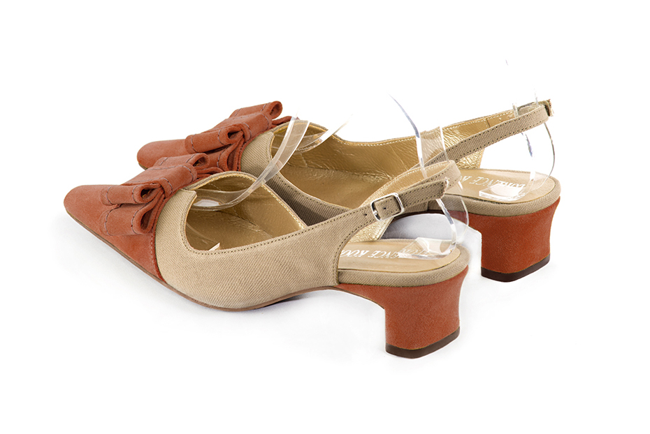 Terracotta orange and tan beige women's open back shoes, with a knot. Tapered toe. Low kitten heels. Rear view - Florence KOOIJMAN